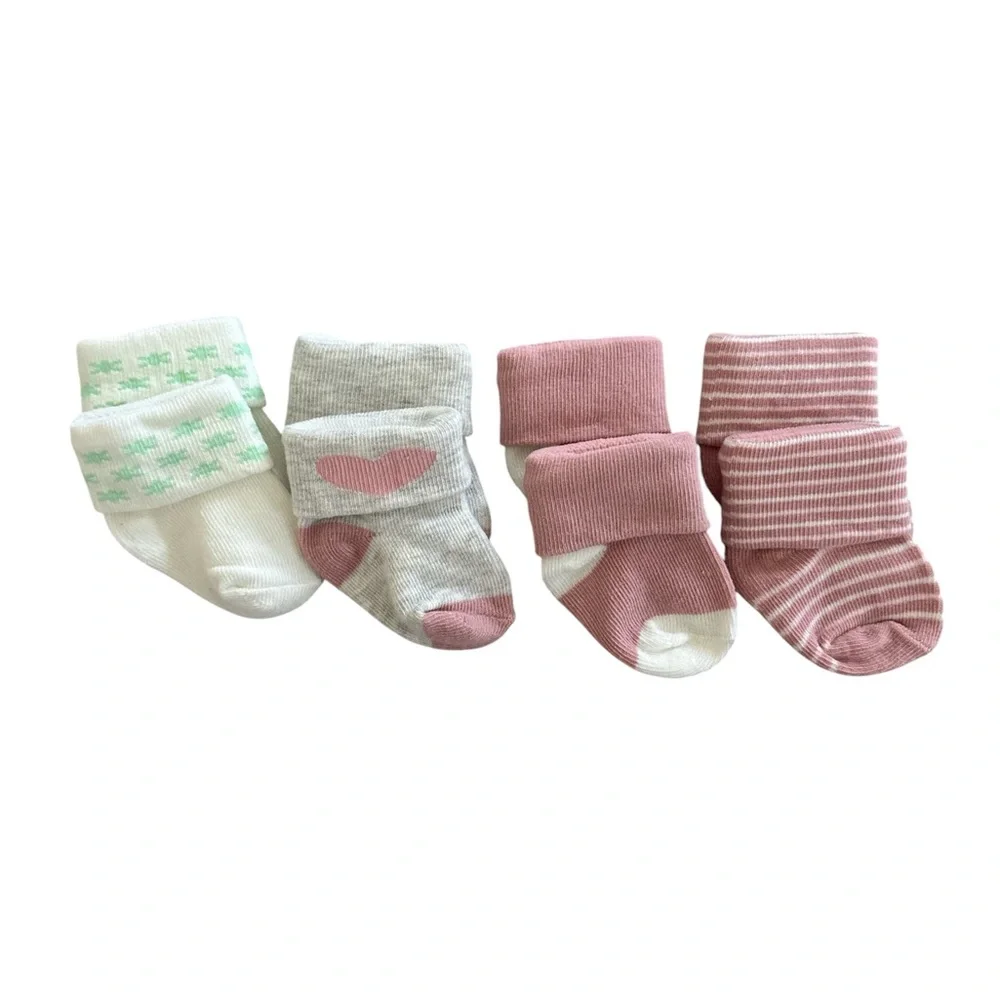 Adorable Pink and White Baby Socks Set of 4, 0-6 months